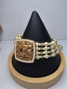 Indian Bolywood Kundan Faux Pearl Bracelet Multi Strand Gold Plated  Cuff 7"
